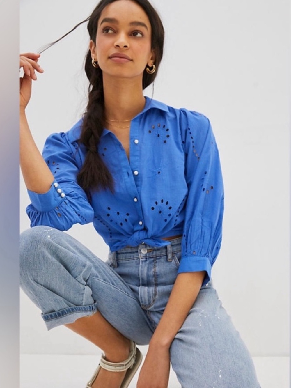 ANTGROPOLOGIE brand FOREVER THAT GIRL eyelet lace BLOUSE TOP Carolina BLUE XL